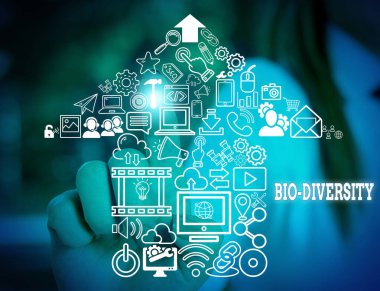 Word writing text Bio Diversity. Business concept for Variety of Life Organisms Marine Fauna Ecosystem Habitat Woman wear formal work suit presenting presentation using smart device.