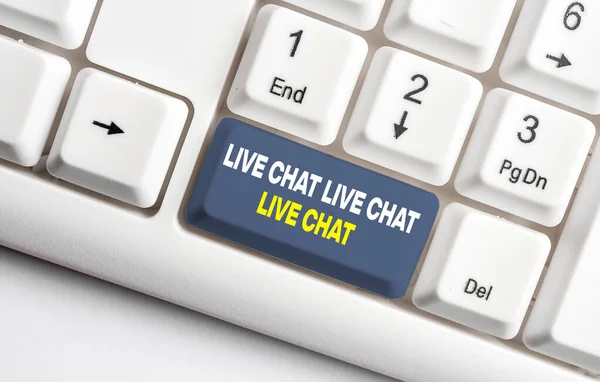 Handwriting text Live Chat Live Chat Live Chat. Concept meaning talking with showing friends relatives online White pc keyboard with empty note paper above white background key copy space. — Stockfoto