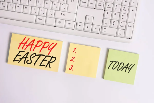 Word writing text Happy Easter. Business concept for the Christian celebration of the Resurrection of Christ Flat lay above blank copy space sticky notes with business concept.
