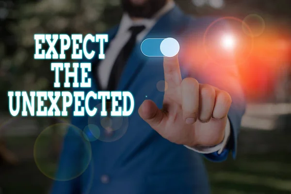 Text sign showing Expect The Unexpected. Conceptual photo Anything can Happen Consider all Possible Events Male human wear formal work suit presenting presentation using smart device. — 스톡 사진