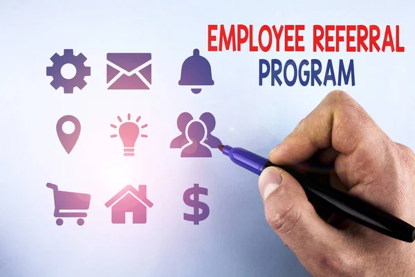 Writing note showing Employee Referral Program. Business photo showcasing employees recommend qualified friends relatives Male designing layout presentation concept for business promotion. — 스톡 사진