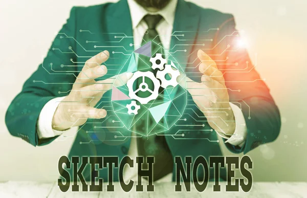 Texto manuscrito Sketch Notes. Concepto que significa anotación visual Combinación de anotación y garabato Traje de trabajo formal de desgaste humano masculino que presenta la presentación utilizando un dispositivo inteligente . — Foto de Stock