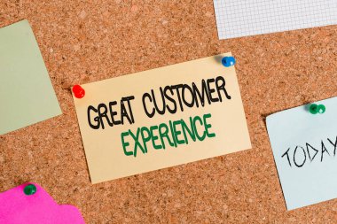 Büyük Müşteri Deneyimi 'ni gösteren bir not yazıyorum. Ticari fotoğraf gösterimi, pano boyutu kağıt raptiye pano bildirim panosu kadar dostane ve yardımsever bir yöntemle müşterilere yanıt veriyor.