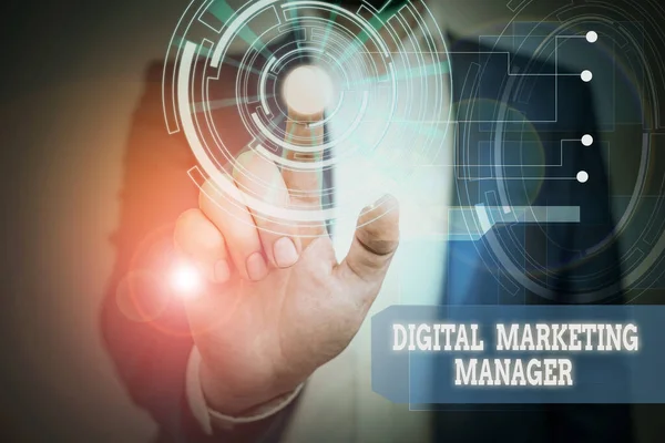 Text sign showing Digital Marketing Manager. Conceptual photo optimized for posting in online boards or careers Male human wear formal work suit presenting presentation using smart device. — Stock Photo, Image