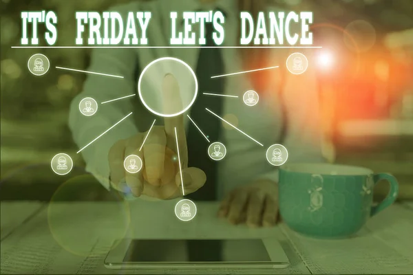 Word writing text It S Friday Let S Dance. Business concept for Celebrate starting the weekend Go party Disco Music Woman wear formal work suit presenting presentation using smart device.