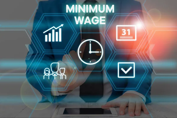 Text sign showing Minimum Wage. Conceptual photo the lowest wage permitted by law or by a special agreement Male human wear formal work suit presenting presentation using smart device.