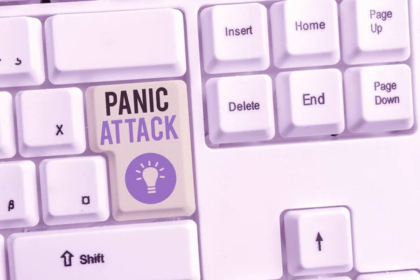 Word writing text Panic Attack. Business concept for sudden periods of intense fear that may include palpitations White pc keyboard with empty note paper above white background key copy space.