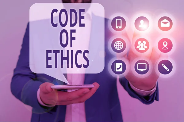 Escritura manual conceptual que muestra el Código de Ética. Foto de negocios mostrando guía básica para la conducta profesional e impone deberes . — Foto de Stock