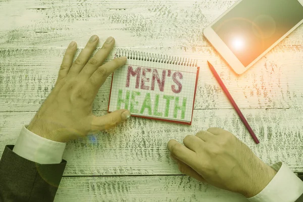 Fogalmi kézírás a Men S Health-ről. Üzleti fotó szöveg A férfiak teljes fizikai és mentális jólétének állapota. — Stock Fotó