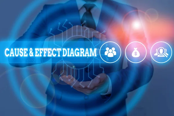 Handwriting text writing Cause And Effect Diagram. Concept meaning Visualization tool to categorize potential causes Male human wear formal work suit presenting presentation using smart device. — Stock Photo, Image