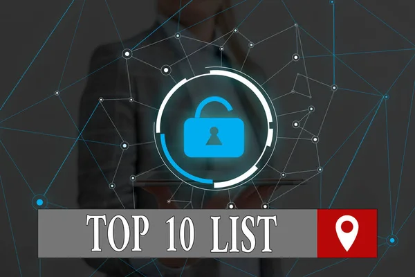 Word writing text Top 10 List. Business concept for the ten most important or successful items in a particular list Woman wear formal work suit presenting presentation using smart device.