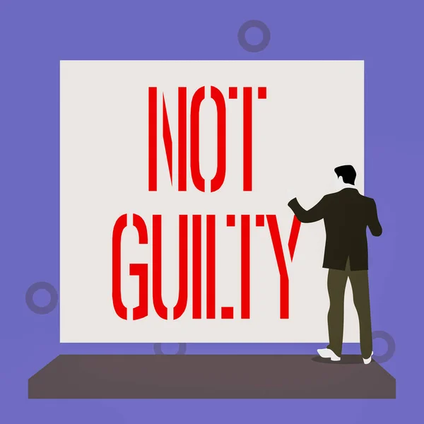 Handwriting text writing Not Guilty. Concept meaning someone is innocent didnt commit specific crime He free Back view young man dressed suit standing platform facing blank rectangle.