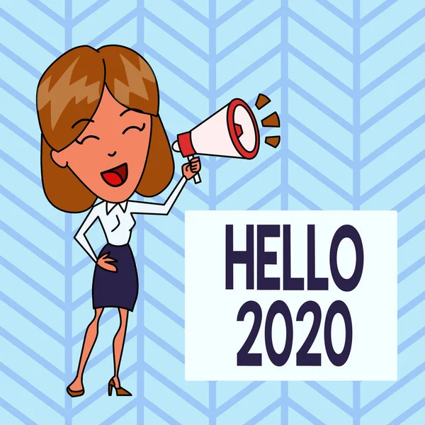 Текст написання слова Привіт 2020. Бізнес-концепція вираження або жест вітання, відповідаючи на телефон Молода жінка Розмовляючи в Blowhorn Volume Icon Colored Backgdrop Text Box . — стокове фото