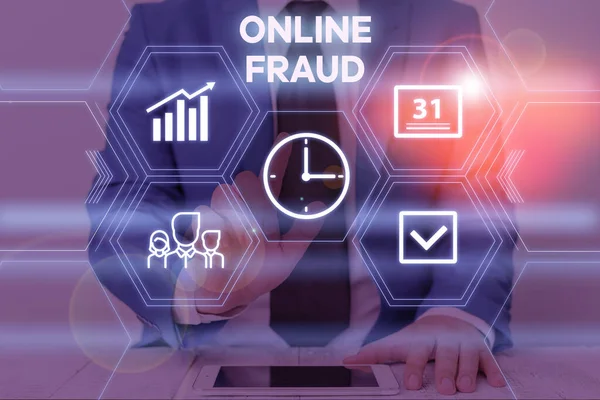 Text sign showing Online Fraud. Conceptual photo use of Internet services to deceive victims and steal money Male human wear formal work suit presenting presentation using smart device.