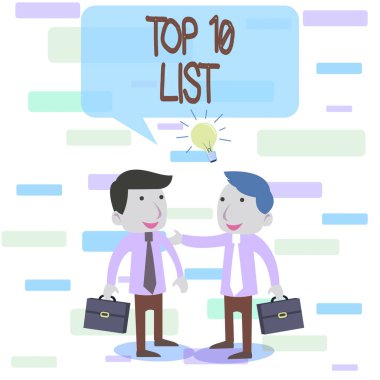 Top 10 Listesini gösteren not yazılıyor. Özel bir listedeki en önemli ve en başarılı on maddeyi gösteren iş fotoğrafı. İki Beyaz İşadamı, Evrak Dosyaları Paylaşımı Fikir Çözümünde İş Arkadaşı.