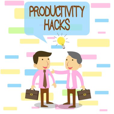 Verimlilik Hackerlarını gösteren bir not yazıyorum. İş fotoğrafçılığı numaraları gösteriyor ki, aynı zamanda daha çok iş yapabiliyorsunuz. İki beyaz iş adamı, Evrak Dosyaları ve Fikir Paylaşımı Çözümleri ile aynı anda iş birliği yapıyor..