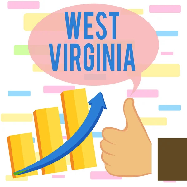 Schrijfbriefje met West Virginia. Zakelijke foto presentatie Verenigde Staten van Amerika State Travel Tourism Trip Historische duim omhoog Goede prestaties Succes Escalating Bar Graph stijgende pijl. — Stockfoto