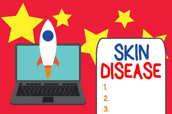 Word writing text Skin Disease. Business concept for any of the diseases or disorders that affect the huanalysis skin Launching rocket up laptop . Startup project. Developing goal objectives.