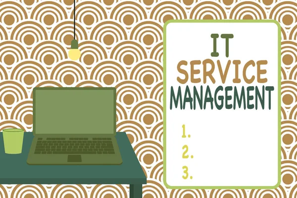 Conceptual hand writing showing It Service Management. Business photo showcasing Activity Directed by Policies Lifecycle of Technology Front view laptop lying on wooden desktop light bulb glass.
