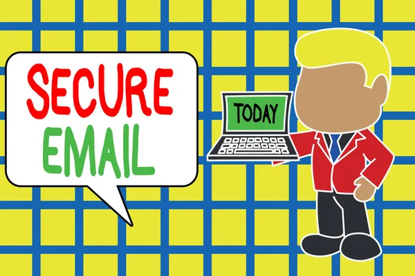 Σήμα κειμένου που δείχνει Ασφαλές Email. Εννοιολογική φωτογραφία προστατεύει το περιεχόμενο ηλεκτρονικού ταχυδρομείου από το να διαβαστεί από ανεπιθύμητες οντότητες Μόνιμη επαγγελματίας επιχειρηματίας κρατώντας ανοικτό φορητό υπολογιστή δεξιά πλευρά. — Φωτογραφία Αρχείου
