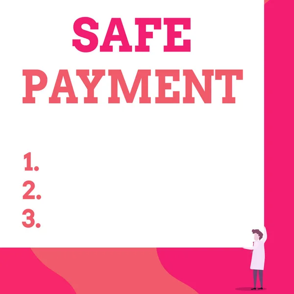 Writing note showing Safe Payment. Business photo showcasing webpage where credit card numbers are entered is secured One man professor wear white coat red tie hold big board use two hands. — Stock Photo, Image