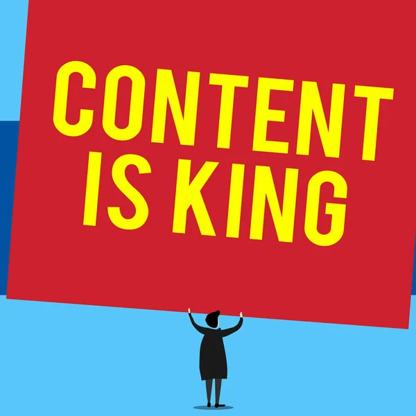 Writing note showing Content Is King. Business photo showcasing believe that content is central to the success of a website Short hair woman standing dress hands up holding blank rectangle. — Stok fotoğraf