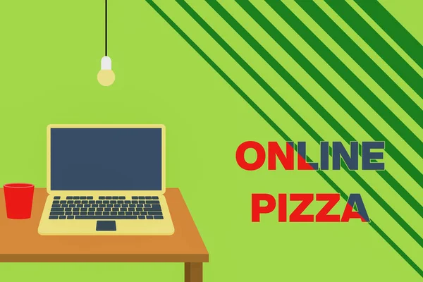 Sinal de texto mostrando Pizza Online. Foto conceitual entrega rápida de pizza à sua porta Encomendar comida on-line Vista frontal laptop aberto deitado em madeira lâmpada de mesa caindo vidro . — Fotografia de Stock