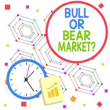El yazısı Boğa ya da Ayı Pazarı Sorusu. Kavram, birine pazarlama metodu hakkında soru sormak demek. Duvardaki Saat Düzeni 'ni tırmandıran çubuk grafiği ve oku yukarı çeken..