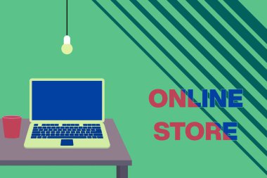 Çevrimiçi Dükkan 'ı gösteren metin işareti. Satılık eşyalar sunan ve kredi kartı kabul eden kavramsal fotoğraf A web sitesi. Ahşap masaüstü ampulünün üzerine uzanan açık dizüstü bilgisayar önizlemesi..