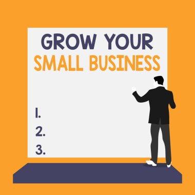 Küçük İşinizi Büyütmeyi Gösteren Metin Tabelası. Kavramsal fotoğraf şirketi pozitif nakit akışı üretiyor. Arkaya bak. Takım elbiseli genç adam boş dikdörtgene bakan platformda duruyor..