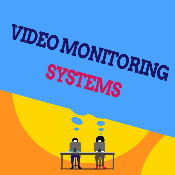 Text sign showing Video Monitoring Systems. Conceptual photo Surveillance Transmit capture Image to Digital Link Two men sitting behind desk each one laptop sharing blank thought bubble. — Stock Photo, Image
