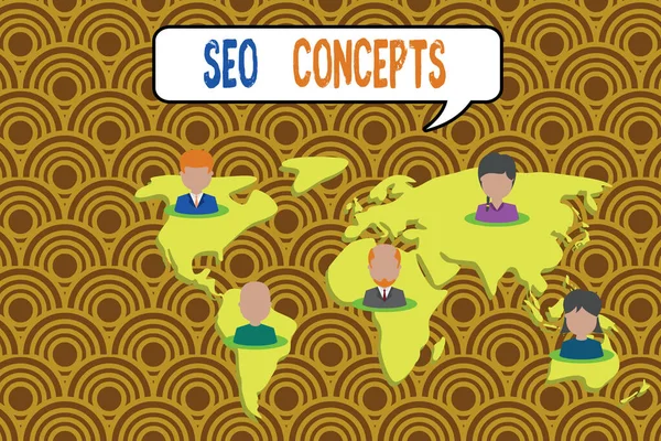 Scrittura concettuale a mano che mostra Seo Concepts. Business foto in mostra un processo di aumentare la qualità del traffico del sito web Collegamento persone multietniche tutti Mappa globale del mondo degli affari . — Foto Stock