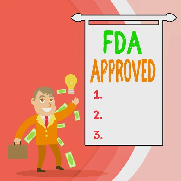 Kézírás FDA jóváhagyva. Koncepció jelentése Fda egyetértett abban, hogy a termék vagy képlet biztonságos és hatékony Sikeres üzletember vagy Írnok generáló jó ötlet vagy megtalálása megoldás. — Stock Fotó