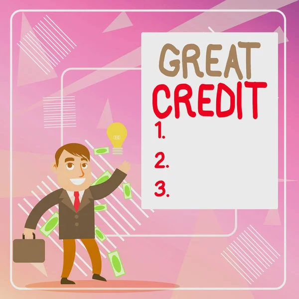 Word writing text Great Credit. Business concept for borrower has high credit score and is a safe credit risk Successful Businessman or Clerk Generating Good Idea or Finding Solution.