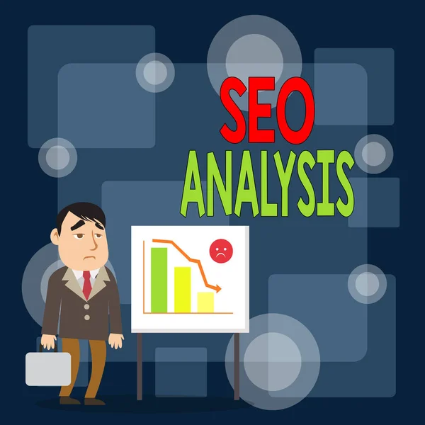 Schrijfbriefje met Seo Analyse. Business photo showcasing tool helpt tonen om te studeren over hoe u een website ranking te verbeteren Zakenman met Korte Case Standing Whiteboard Bar Grafiek. — Stockfoto