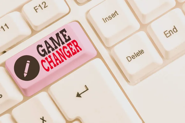 Text sign showing Game Changer. Conceptual photo way that effects a major shift in the current analysisner of doing White pc keyboard with empty note paper above white background key copy space.