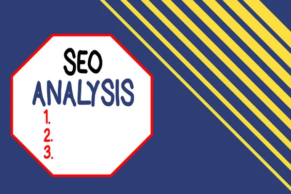 Scrittura di testi Seo Analysis. Business concept per strumento aiuta a mostrare per studiare su come migliorare un posizionamento sito web senza soluzione di continuità rettangolo modello di sfondo strisce diagonali in alto a destra . — Foto Stock