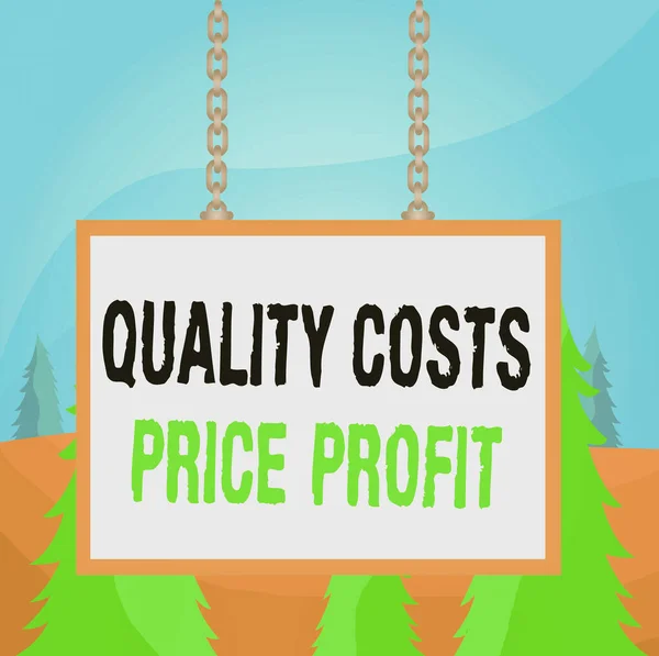 Word writing text Quality Costs Price Profit. Business concept for Balance between wothiness earnings value Whiteboard rectangle frame empty space attached surface chain blank panel.
