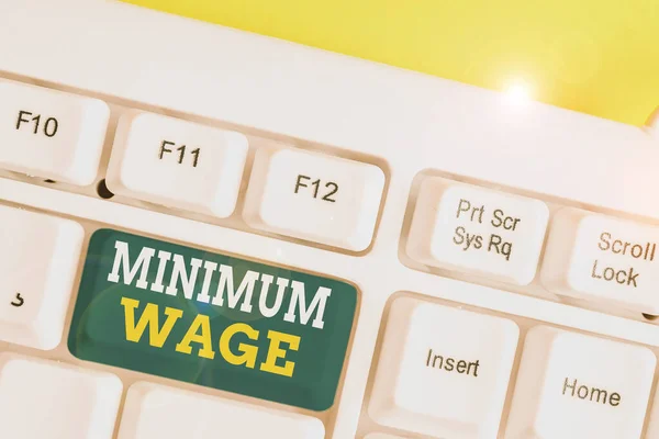 Word writing text Minimum Wage. Business concept for the lowest wage permitted by law or by a special agreement White pc keyboard with empty note paper above white background key copy space.