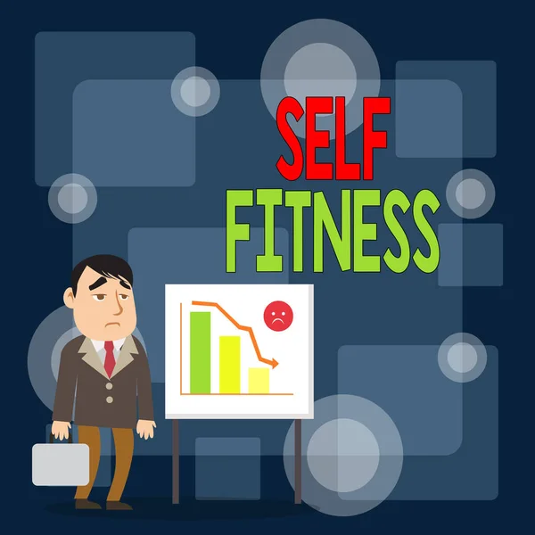 Psaný vzkaz ukazující Self Fitness. Obchodní fotografie zobrazující zdravotní stav a pohodu a schopnost provádět podnikatele s krátkým případem Stojící tabule Bar Chart. — Stock fotografie