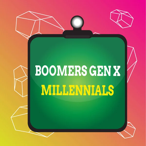 Slovo psaní textu Boomers Gen X Millennials. Obchodní koncept pro obecně považován za asi třicet let Schránka barevné pozadí pružina klip přilepený vázat prázdný prkno rám. — Stock fotografie