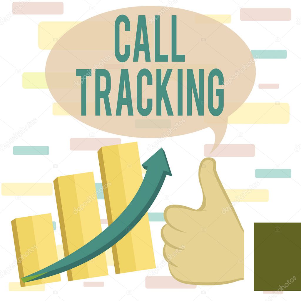 Writing note showing Call Tracking. Business photo showcasing Organic search engine Digital advertising Conversion indicator Thumb Up Good Performance Success Escalating Bar Graph Ascending Arrow.