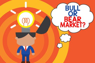 Kelime yazma saçmalığı mı yoksa ayı pazarı sorusu mu? Birisine pazarlama metodunu sormak için iş konsepti. Başarılı bir adam kravatı takıyor ve yenilikçi çözümler üretiyor..