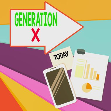 X Jenerasyonu 'nun el yazısı metni. Kavrama derken, bebek Boomers 'dan sonra doğan neslin Smartphone Off Sticky Notes Panosu' ndan Pie Chart ve Bar Grafik.