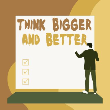 Kavramsal el yazısı daha büyük ve daha iyi düşün. İş fotoğrafı metni yok Limitler açık fikirli Büyük Resim Arka plan genç kadın boş büyük dikdörtgen izliyor.