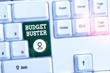 Bütçe Avcısı 'nı gösteren kavramsal el yazısı. İş fotoğrafı metni Kaygısız Harcama Gereksiz Satın Almalar Beyaz bilgisayar klavyesinin üzerinde beyaz arkaplan üzerinde not kağıdı ile fazla harcama.