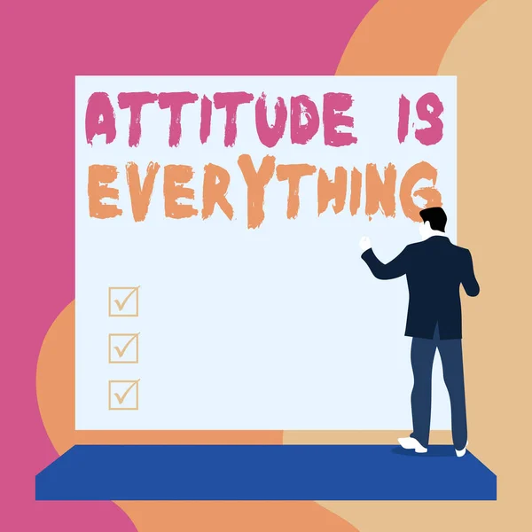 Conceptual hand writing showing Attitude Is Everything. Business photo text Positive Outlook is the Guide to a Good Life Back view young woman watching blank big rectangle. — Stock Photo, Image