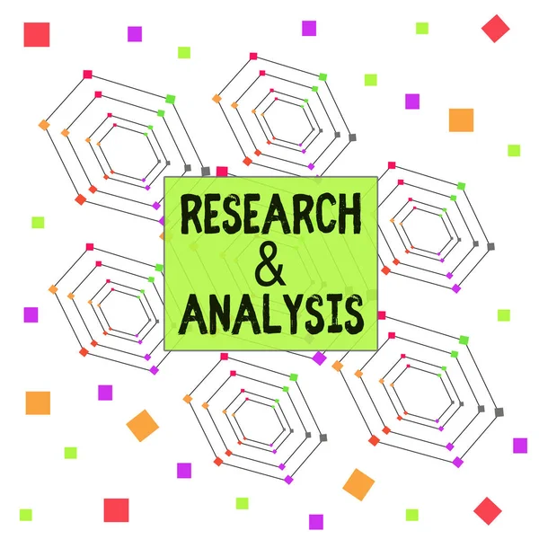 Text sign showing Research And Analysis. Conceptual photo Strategic Thinking and Decision Making existing or new Centered Hexagon Concentric Pattern Randomly Scattered Colored Squares. — Stock Photo, Image