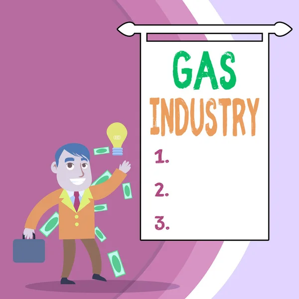 Handwriting text Gas Industry. Concept meaning global processes exploration and selling of petroleum products Successful Businessman or Clerk Generating Good Idea or Finding Solution. — Stock Photo, Image