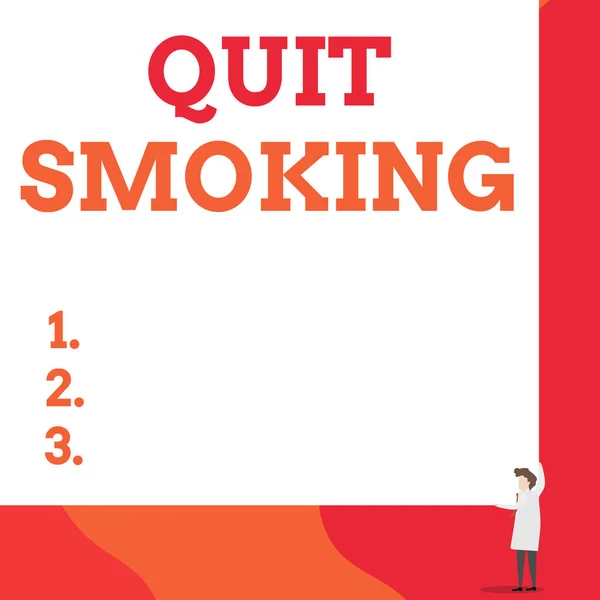 写上戒烟的字条。商务照片展示戒烟或戒烟的过程一位身穿白衣、打着红领结的教授用双手握住大板. — 图库照片